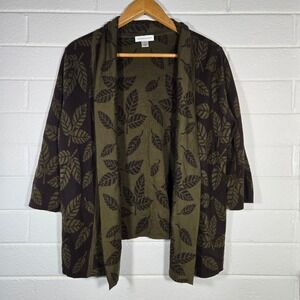 Vtg Christopher & Banks Cardigan XL Green Brown Leaf Print Cotton Open Front